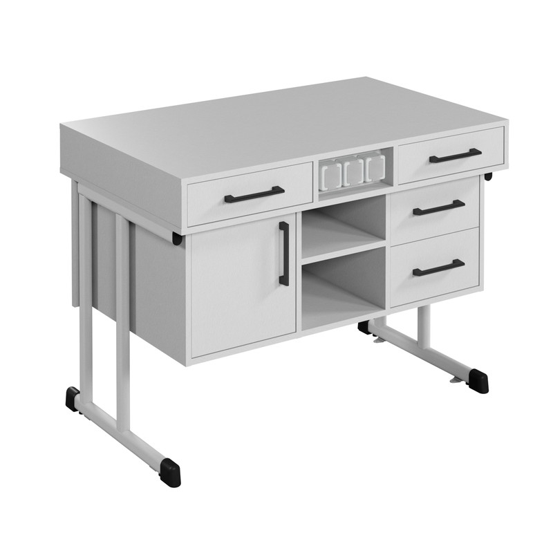 Стіл демонстр.,з розетками, АНШАР ГРУП (100302 HPL),1200х750х900 мм, стільниця–з хім.стійким HPL, каркас-посил.вертикал.поскоовал.труба, з кріпл-ням до підлоги